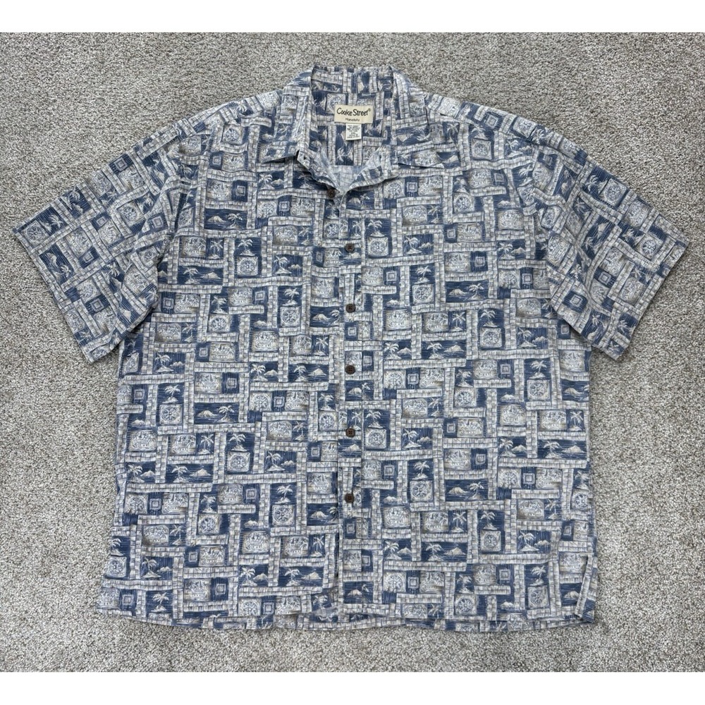 Cooke Street Honolulu Aloha Shirt Men's XXL Blue Tropical Island Palms Print Y2K
